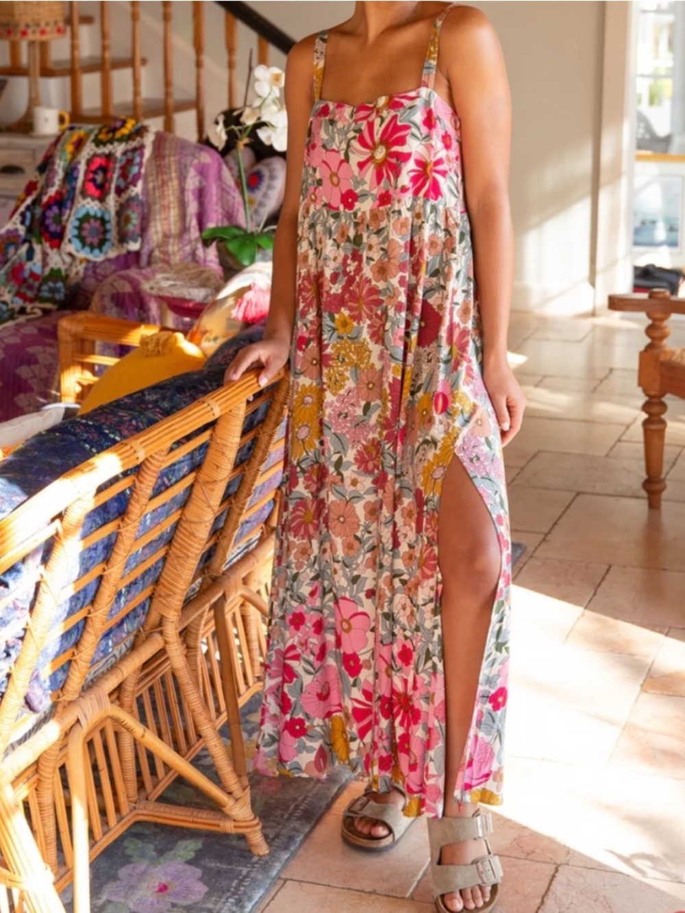Natural Life Patti Side Slit Maxi Dress in Vintage Summer Floral Size Small